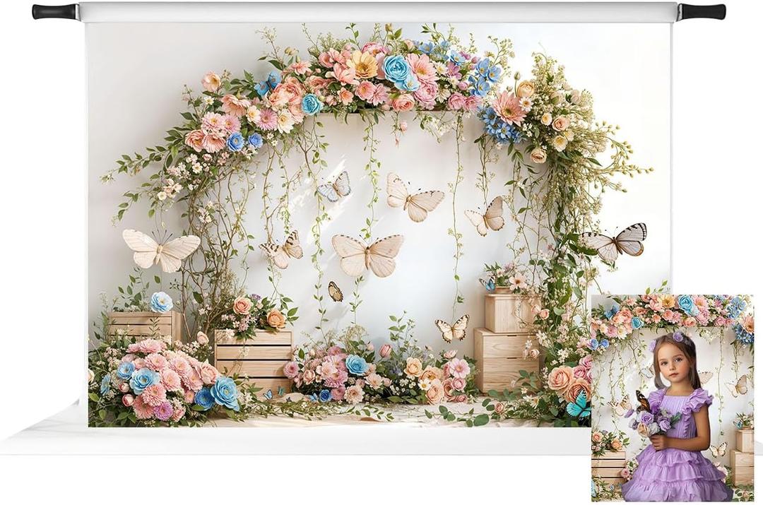 Kate Floral Arch Backdrops for Photography Butterfly Birthday Decoration Background Photo Props 7x5ft