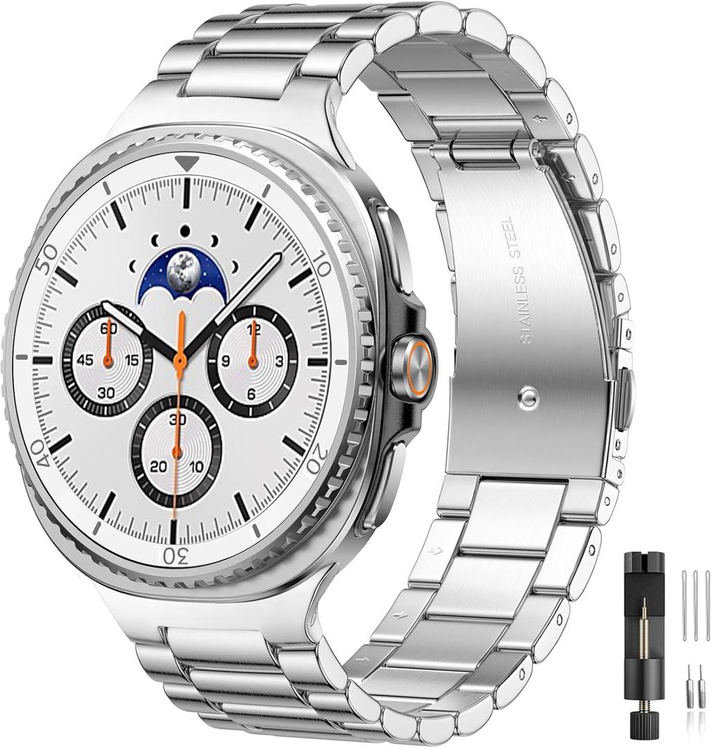 Lerobo Stainless Steel Band Compatible with Samsung Galaxy Watch 8 7 6 5 4 FE 40mm 44mm 45mm/Galaxy Watch 8 Classic 6 4 Classic 43mm 47mm 42mm 46mm, 20mm Metal Replacement Band for Men Women (Silver)