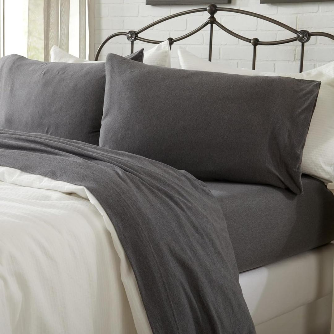 Cotton Jersey Knit Queen Sheet Set - Ultra-Soft, Stretchy, Heathered Melange Dark Grey Bed Sheets - Cozy, Soft T-Shirt Sheet & Pillowcase Set (Charcoal)