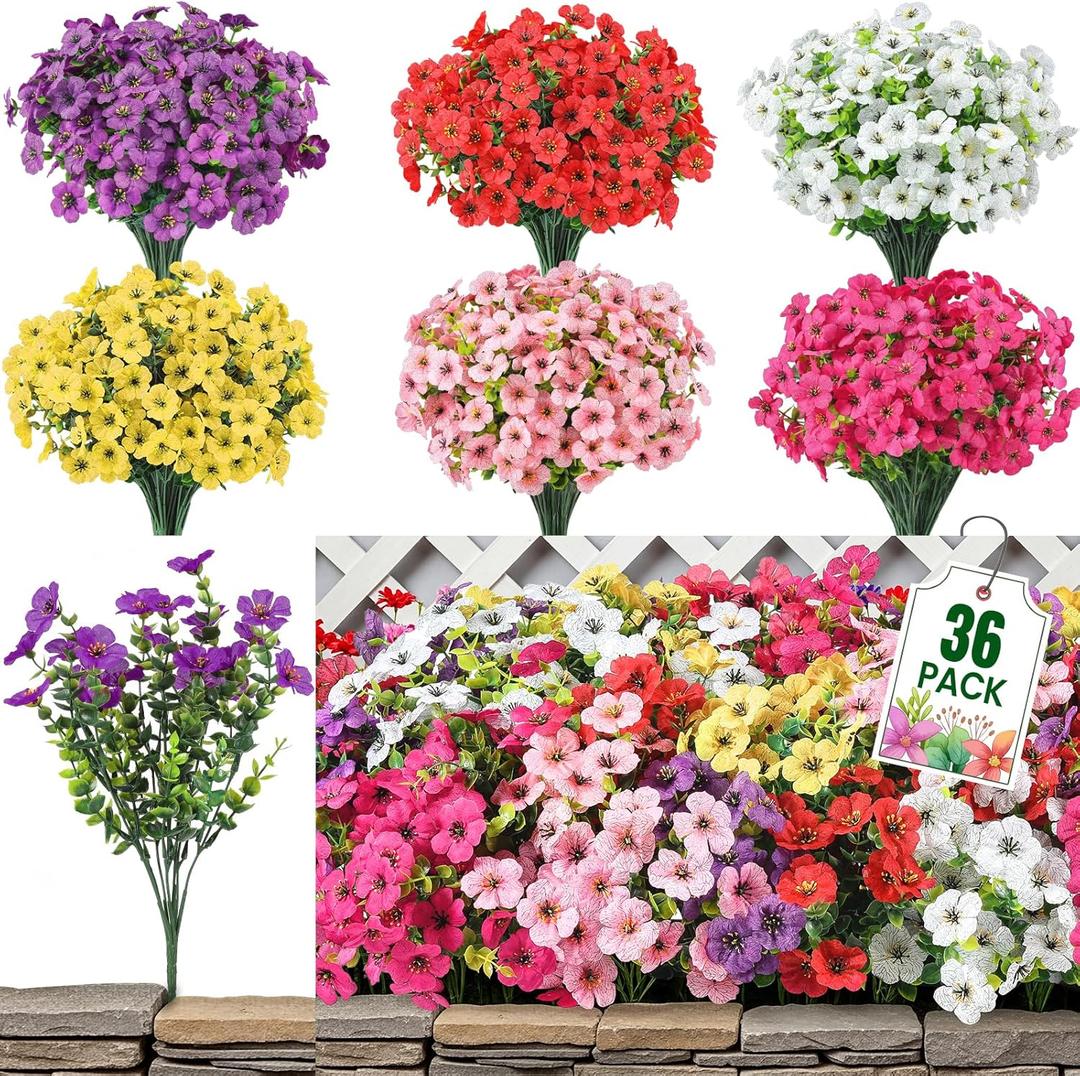 36 Bundles Artificial Flowers for Outdoor Indoor Garden Home Decoration, Look Real for Front Door Porch Patio Yard Balcony, Faux Flower Daisy with Eucalyptus Leaves Fake Plants, 6 Colors