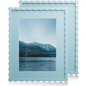 11x14 Wavy Picture Frame With Mat For 8x10, Wavy Edge Wooden Picture Frame with Real Glass - Wall Mount Display, Blue, 2 Pack