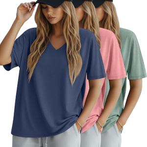 Huukeay 3 Pack Women's Oversized Cotton T-Shirts V Neck Loose Fit Casual Workout Tees Soft Short Sleeve Tops (L)