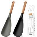 FINENUT 2-Pack Silicone Cooking Spoons with Wood Handle & S-Hooks - Heat Resistant 446°F Spoonula for Nonstick Cookware - BPA Free Multifunction Spatula Spoon for Mixing, Scooping&Serving (Black&Gray)