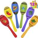JOYIN 12 Mini Wooden Fiesta Maracas 6 Designs Noisemaker for Mexican Fiesta, Cinco De Mayo Party Favors, Musical Fun, Birthday Parties, Luau Party, Carnivals, Taco Tuesday Event
