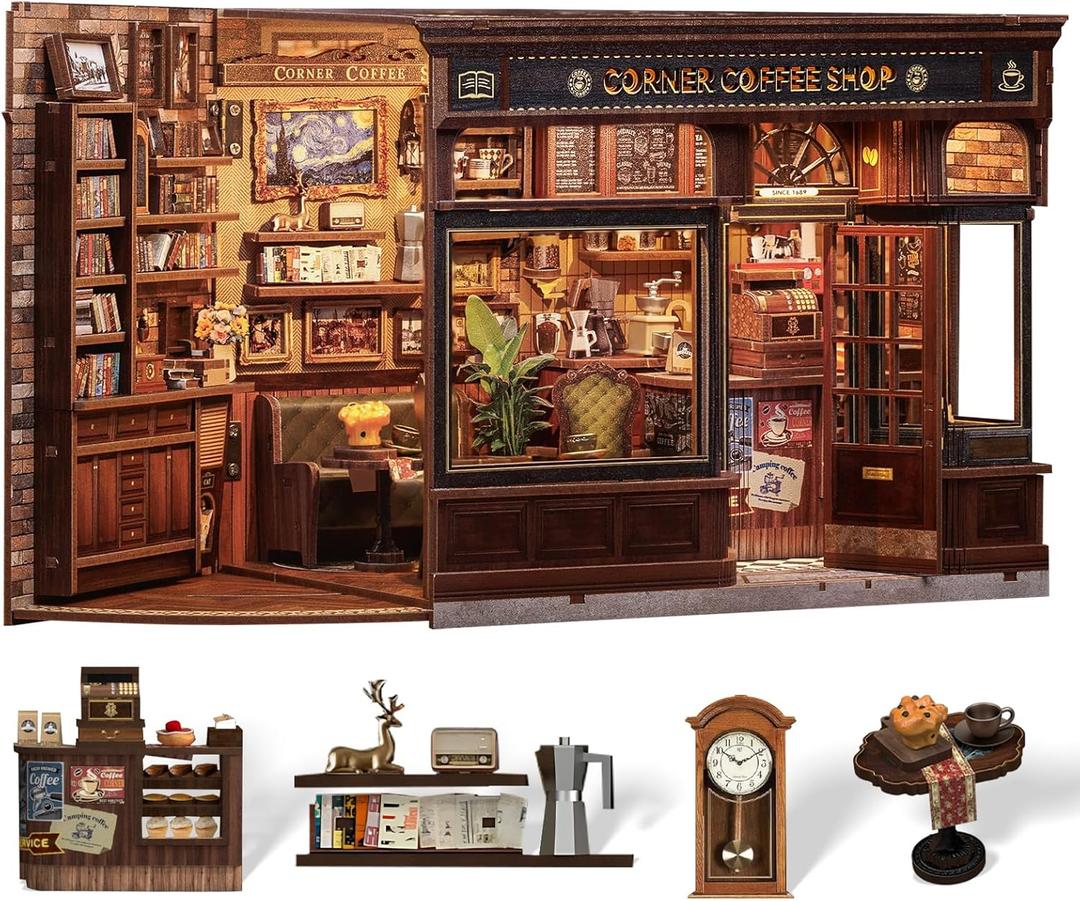 Cutefun Book Nook Kit - DIY Miniature Coffee Shop Booknook Kits for Adults and Teens, 3D Wooden Puzzle Bookend Bookshelf with LED Light, Creative Crafts Gifts for Book Lovers (Corner Coffee Shop), 1:12