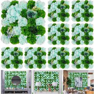 Artificial Flower Wall Backdrop 9pcs 16.5x16.5 Inch Silk Floral Wall Panel Ideal for Wedding Celebrations, Festive Party Birthday Backdrops and Elegant Home Decor (Lake Blue and Green)
