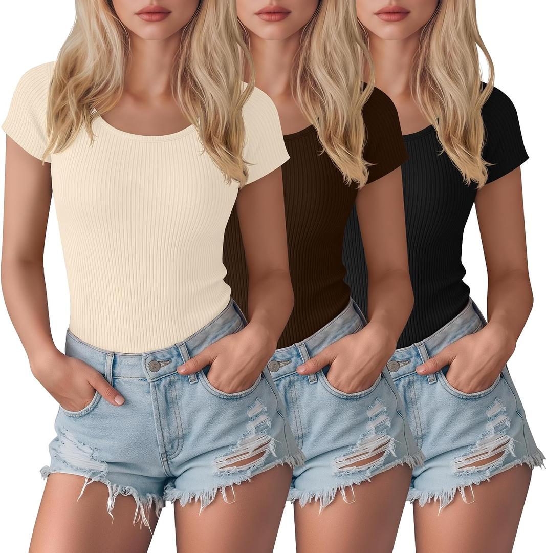 3 Pack Women's Short Sleeve Bodysuit Ribbed Crew Neck T Shirts Cotton Leotards Summer Basic Slim Fit Body Suit Tops (M)