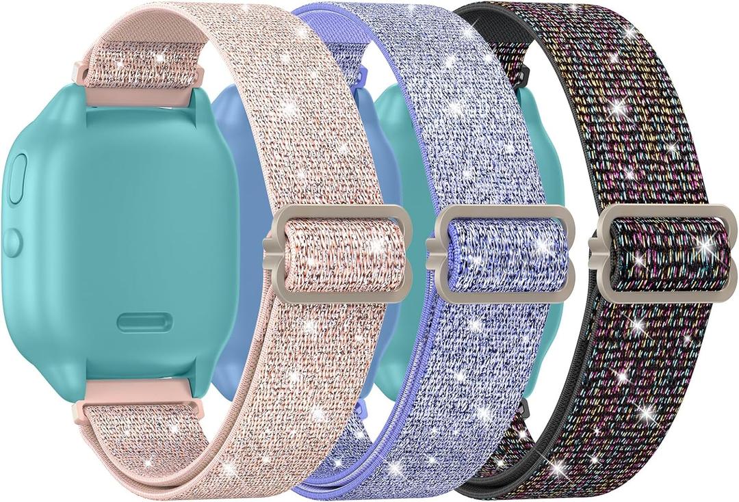 LETOID [3 Pack Stretchy Bands Designed for Gizmo Watch 3 Adventure 3 2 1 /Gabb Watch 3e 3 2 1 /SyncUP Watch/Cosmo Jr Track, Soft Breathable Elastic Replacement Strap Loop 20mm Small Size Wristband (Black Colorful, Purple, Pink)