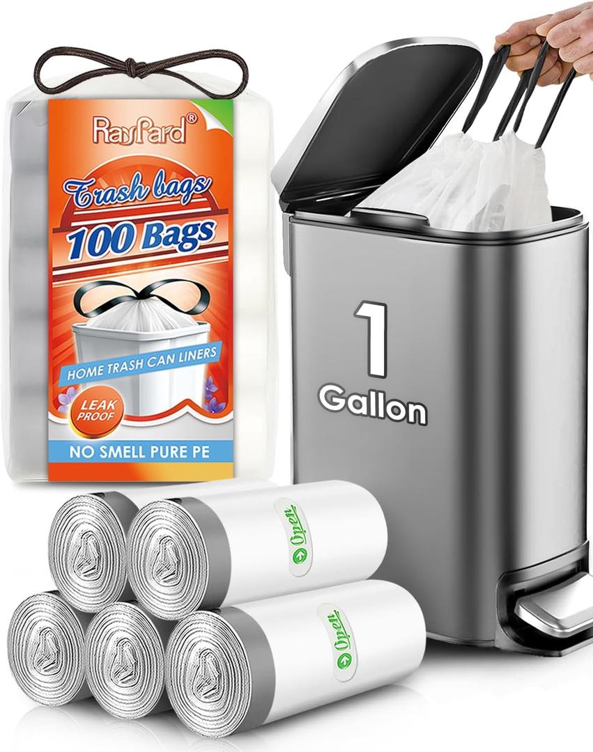 1 Gallon 100 Counts Mini Strong Drawstring Trash Bags Garbage Bags by RayPard, fit 3-4 Liter Small Trash Can, Tiny Waste Basket Liners for Home Office Bathroom Bedroom Car, White