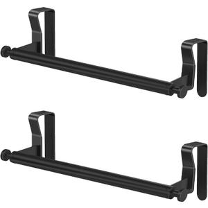 Over Cabinet Towel Holder, Stainless Steel Over The Cabinet Towel Rack Bars for Kitchen Cabinet Doors, Dish Towel Holder with Hooks, 2 Pack (Black)