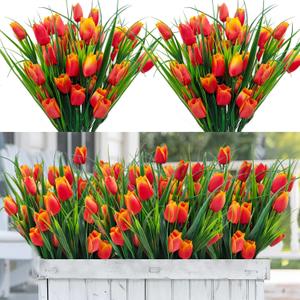12 Bundles 60 Heads Artificial Tulips Fake Flowers Outdoor UV Resistant Silk Tulip Faux Plastic Greenery Shrubs Plants for Outside Planter Porch Garden Patio Decor (Orange)