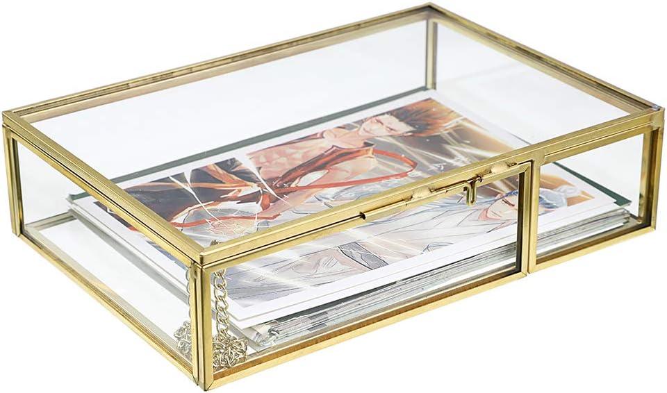 Hipiwe Gold Glass Photo Box,Vintage Photo Storage Organizer, Trinket Box Jewelry Display Organizer Keepsake Box Case Home Decor (Small)
