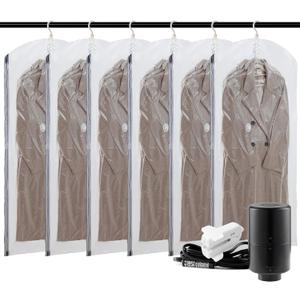 AILI Hanging Vacuum Sealer Suction Space Saver Storage Bags for Clothes Travel with Electric Air Pump And Rolling Slide Clip for Coats, Closet Organizers, 6 Long