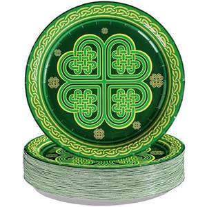 Greencian 50Pcs St Patrick's Day Party Supplies 10" Large Green Stripes Shamrock Paper Plates Disposable Stripes Shamrock Plates for St Patricks Day Irish Holiday Birthday Party Dining Decorations