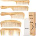Souxmux 5 Pcs Natural Handmade Bamboo Anti-Static Combs Set - Wide Tooth, Rat Tail and Fine Tooth for Long, Short, Thick, Thin, Wavy or Curly Hair Detangling (Natural)