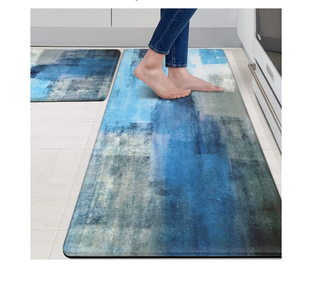 MAYHMYO Anti Fatigue Kitchen Mat - Set of 2 - Teal and Marble Design Comfort Mats - Cushioned, Non Slip Floor Mat