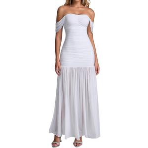 XinFSh Women's Off The Shoulder Maxi Formal Wedding Guest Dress Ruched Mesh Bodycon Long Cocktail Dresses (White), S