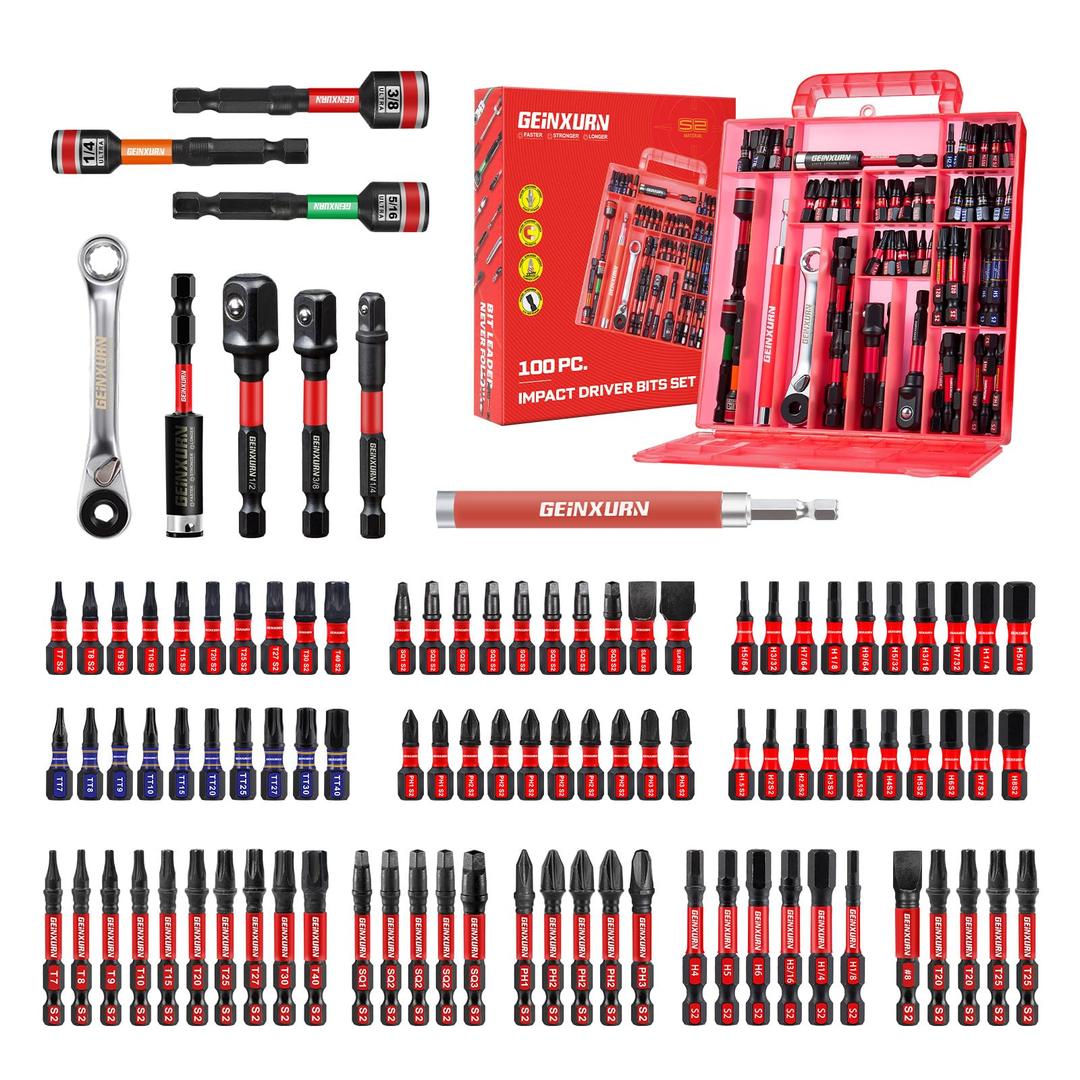 Geinxurn 100Pieces 1”/2” Impact Screwdriver Bits Set, Magnetic S2 Steel (Phillips/Slotted/Square/Torx/Hex/Security Torx) Driver Bits Tips,Impact Bit Holder and Nut Driver with Red Storage Box Case