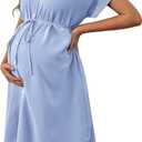 SweatyRocks Women's Maternity Dress Button Down Short Sleeve Tie Front Pregnancy Dresses (X-Large, Blue)