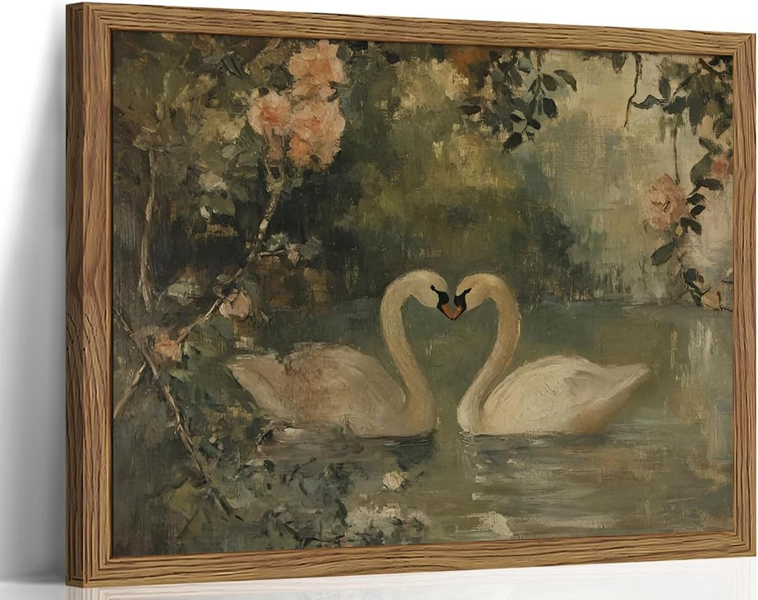 Vintage Swan Wall Art, Antique Swan Art Print, Rustic Farmhouse Romantic Decor, Cottagecore Animal Oil Painting, Aesthetic Swans Picture Wall Decor for Bedroom Living Room 16x24 inch Wood Framed