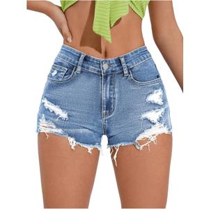 COZYEASE Women's Ripped Raw Trim Denim Shorts Plain Zipper Fly Straight Leg Jean Shorts (Blue, S)