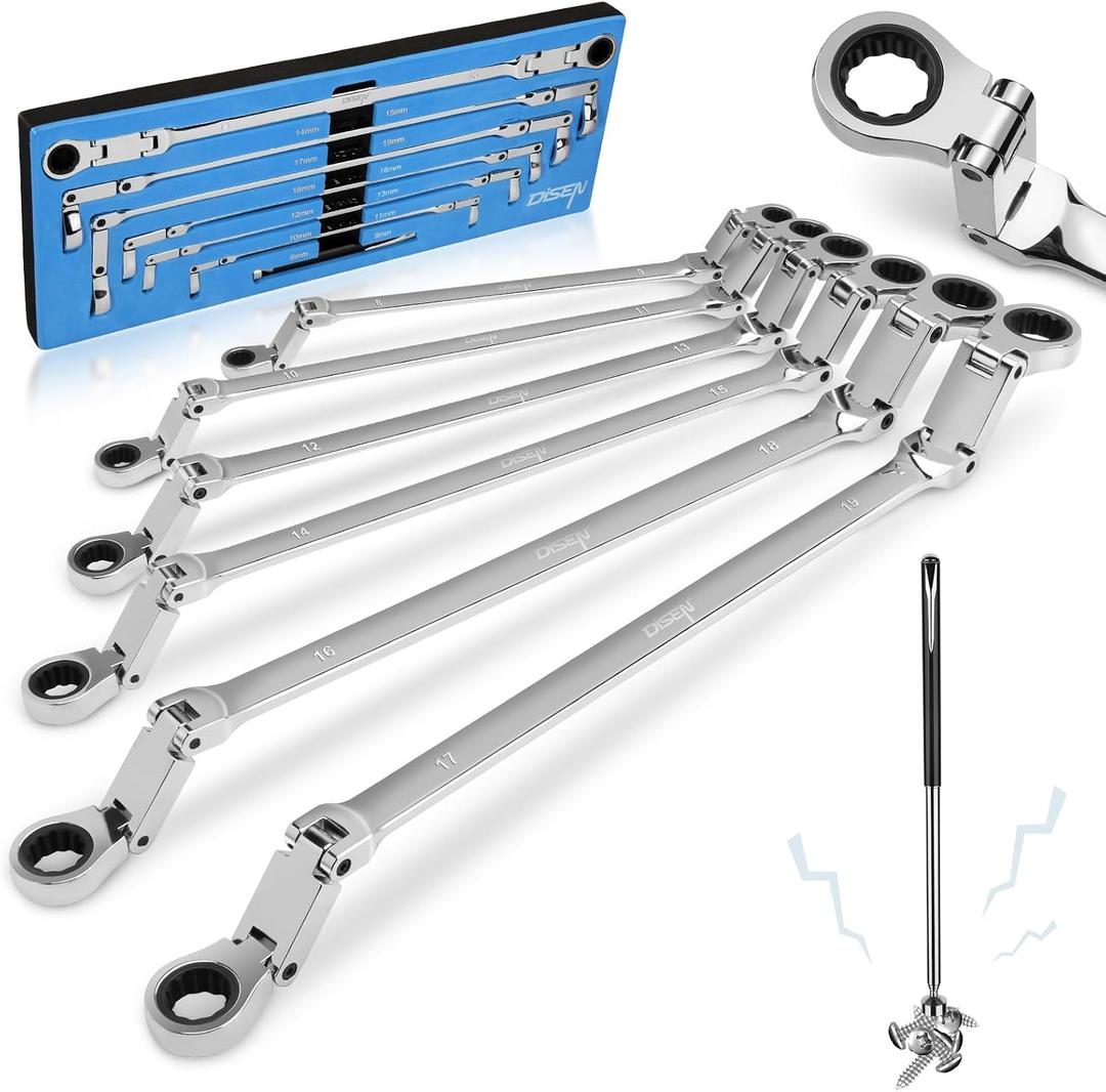 DISEN Double Jointed Extra Long Flex Head Ratchet Wrench Set, 6 PCS Metric 8-19mm Box End Ratcheting Wrench with a Magnetic Pickup Tool Kit, 72-Teeth, Cr-V Steel,12 Point Combination Wrench set