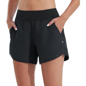 Willit Women's 5" Swim Board Shorts Quick Dry Beach Swimming Shorts UPF 50+ High Waisted Liner Pockets (16, Black)
