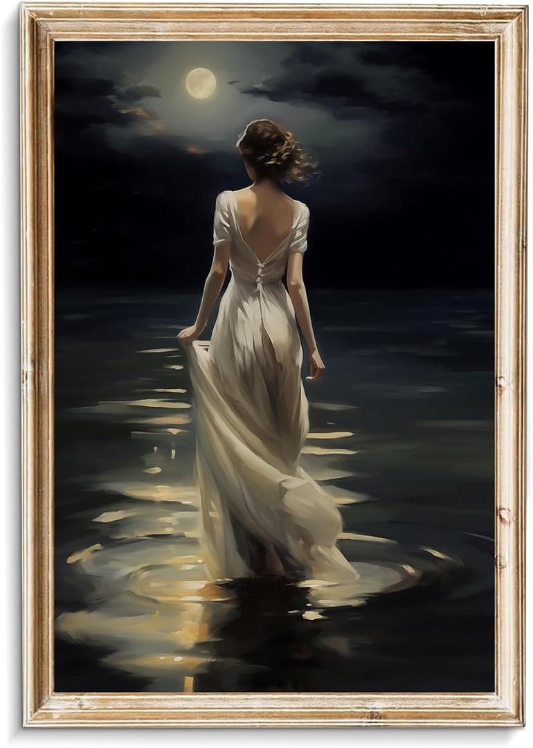 Vintage Woman Painting Dark Academia Canvas Wall Art Victorian Women Print Vintage Gothic Artwork Back Woman Wall Art Vintage Moon Painting Gothic Women Picture French Victorian Wall Art 16x24in No Frame (16L" x 24W")