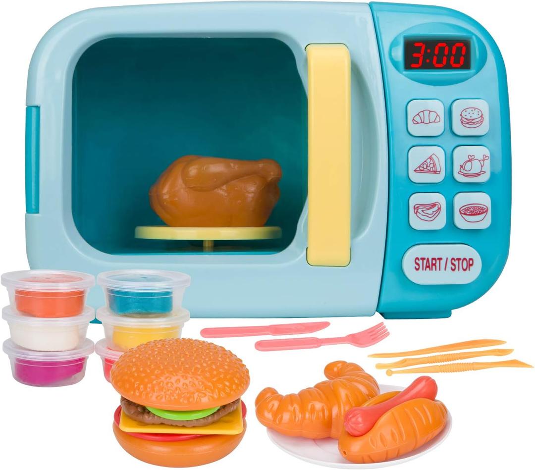 Microwave Toys Kitchen Play Set with Light Sound,Kids Pretend Play Electronic Oven with Play Food and 6 Color DIY Play-Dough for Children Ages 3+ Years (Blue)