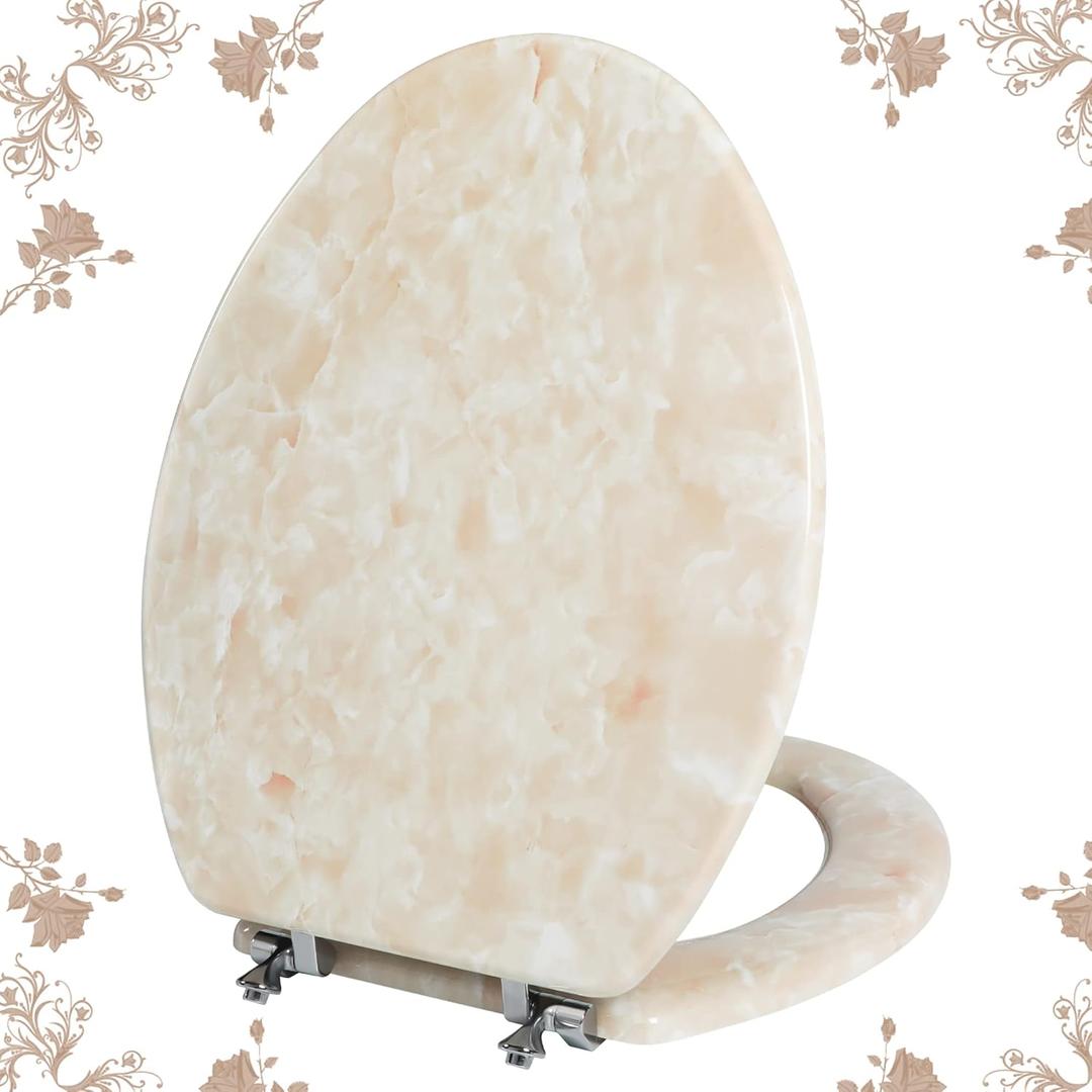 Elongated Toilet Seat Natural Wood Toilet Seat with Zinc Alloy Hinges, Easy to Install also Easy to Clean, Anti-pinch Marble Toilet Seat by Angol Shiold (Elongated, Beige Pink) (Elongated-18.5)