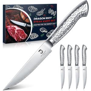 DRAGON RIOT Steak Knives Set of 4 Serrated Edge Steak Knife Set Japanese Stainless Steel Dinner Knife Diswasher Safe Steak Knives with Box