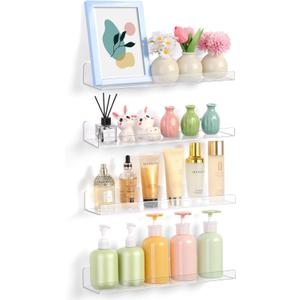 4 Pack Acrylic Shelves for Wall Storage, 15" Floating Bookshelves for Kids, Display Shelf Organizer for Bathroom, Bedroom, Living Room Decor, Kitchen, Clear