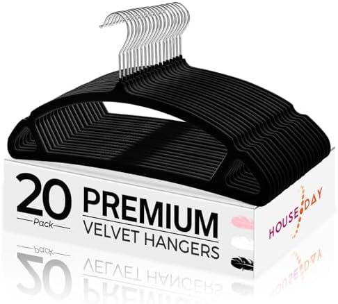 HOUSE DAY Black Velvet Hangers, 20 Pack Luxury Felt Non Slip Space Saving Heavy Duty Coat Hangers with 360 Swivel Hook