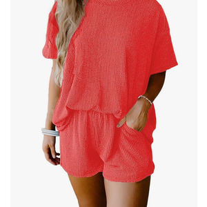 Two 2 Piece Sets for Women Short Sleeve Shirts High Waisted Shorts with Pockets Pajamas Lounge Matching Set Size M