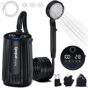 Spopal Portable Shower for Camping, [Upgraded] 10000mAh Rechargeable Camping Shower with 5 Adjustable Speeds, Premium LED Display, IPX8 Waterproof Outdoor Shower Kit for Hiking, Car, Pet, Travel (Black)
