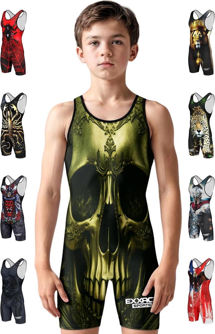 Exxact Sports Sublimated Adult & Youth Wrestling Singlet - Premium Powerlifting Singlet for Men & Boys, Unisex Singlets (Large, Skull)