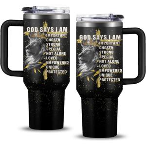 Christian Gifts for Men, 40 oz God Says I Am Lion Tumbler with Handle, Inspirational Religious Birthday Gifts, Lion Christian Gift for Spiritual Catholic Faith Jesus Bible God Prayer Cup