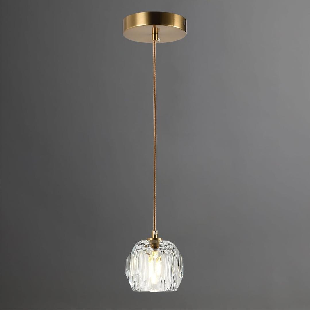 Brushed Brass Pendant Light Kitchen Island, Modern Cut Crystal Small Pendant Light Fixture, Clear Crystal Pendant Adjustable Hanging Light for Dining Room Bathroom
