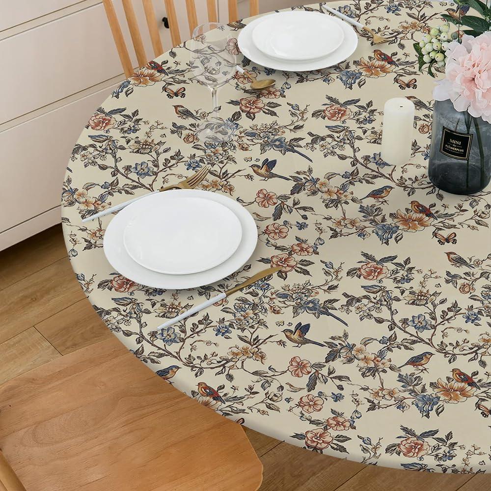 Vintage French Flowers Bird Butterfly Garden Round Fitted Tablecloth with Elastic Edge Waterproof Oil Proof Table Cover Cloth Round Tables for Dinner, Outdoor, Picnic(Fitted to 36"-44" Diameter)