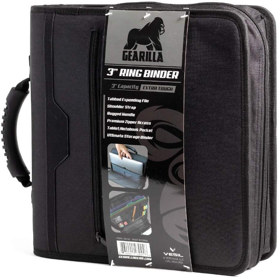 Gearilla Large 3 Ring Binder with Zipper - 3 inch Blacked Out, O-Ring Binder with Tablet Laptop Sleeve - Fits 13 inch Devices - Tactical Carry Handle, Shoulder Strap, for School, Office, and Job Sites
