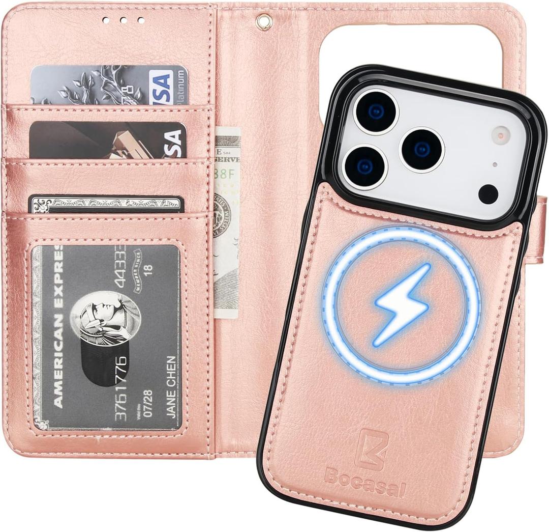 Bocasal for iPhone 17 Pro Wallet Case Compatible with MagSafe Wireless Charging, RFID Blocking Magnetic Leather Case with Card Slots Holder Kickstand Detachable Wrist Strap 6.3 Inch (Rose Gold)
