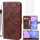 Case for Galaxy A15 5G, Samsung A15 5G SM-A156U Wallet Case with Tempered Glass Screen Protector, Flower Leather Flip Credit Card Holder Stand Phone Cover for Samsung Galaxy A15 5G Brown