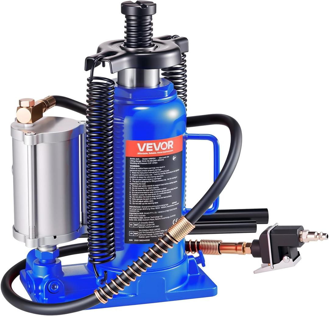 VEVOR Air Hydraulic Bottle Jack, 20 Ton (44092 lbs) Capacity, 10.2-19.5 Inch Lifting Range, Pneumatic/Manual Heavy Duty Welded Bottle Jack with Pump for Car, SUV, Pickup, Truck, RV, Auto Repair
