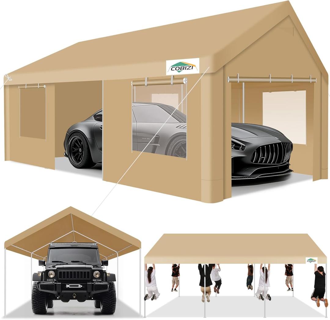 COBIZI 12x20ft Carport Heavy Duty, Portable Garage with 4 Removable Sidewalls, Ventilated Windows & Built-in Sandbags, Car Canopy for Truck, Boat, SUV with All-Season Tarp, Waterproof, Khaki