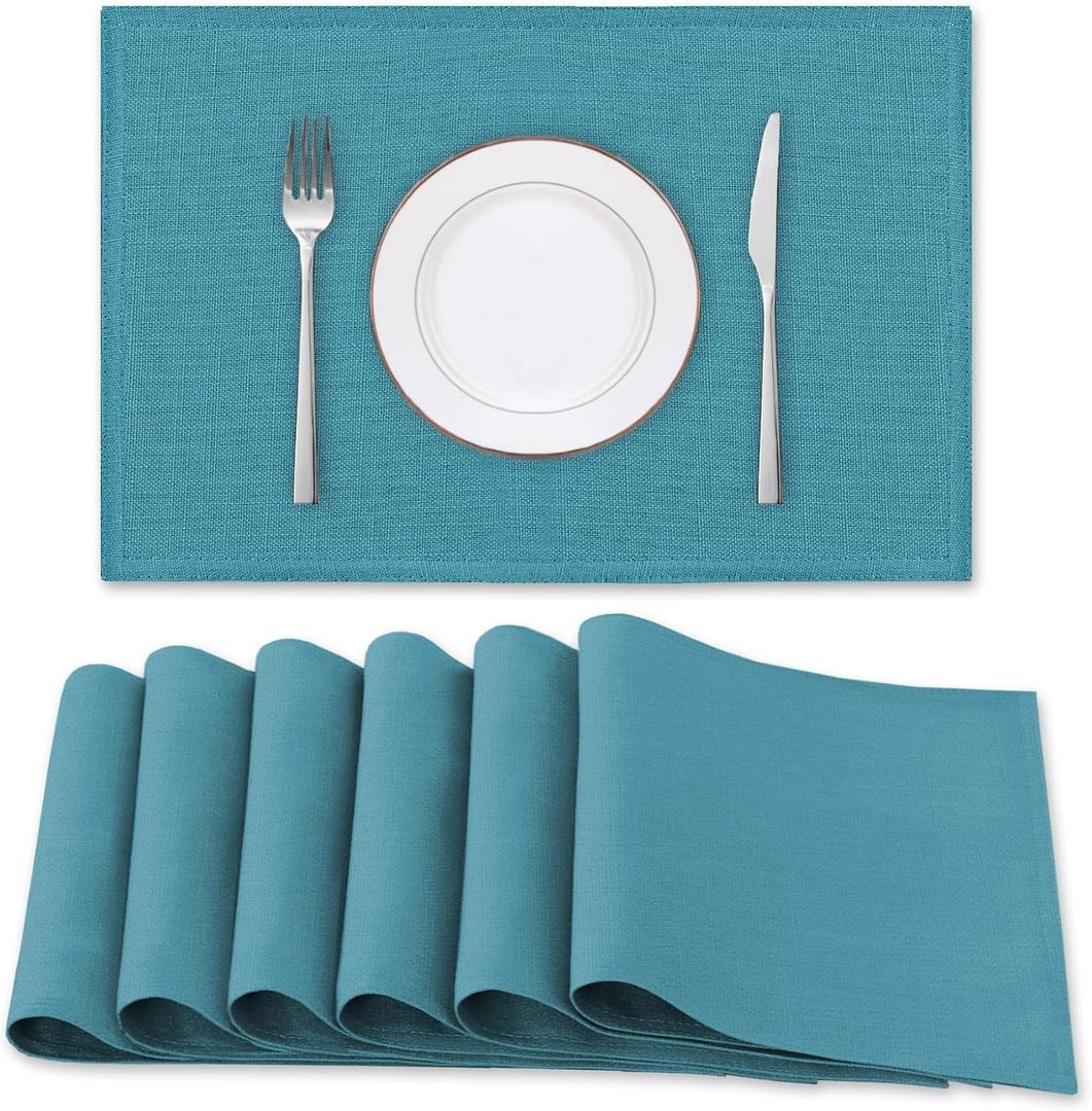 H.VERSAILTEX Linen Placemats Set of 6 Premium Solid Table Mats for Dining Table Spill-Proof Waterproof Heat-Resistant Kitchen Mats Washable, 12x18 inches, Teal