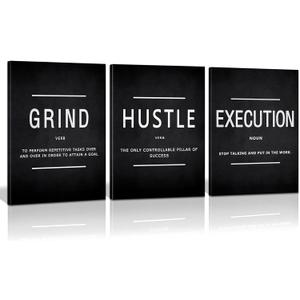 KAWAHONE Grind Hustle Execution Quotes Framed Wall Art, Inspirational Painting Prints Poster Wall Decor Motivation Canvas Entrepreneur Wall Picture for Home Office Business Workplace Ready to Hang (16x24inx3pcs, Power01)