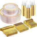 WELLIFE 300Pcs Clear Gold Dinnerware, Clear and Gold Plates Heavy Duty, Including 50 Dinner and 50 Dessert Plates, 50 Cups, 50 Silverware