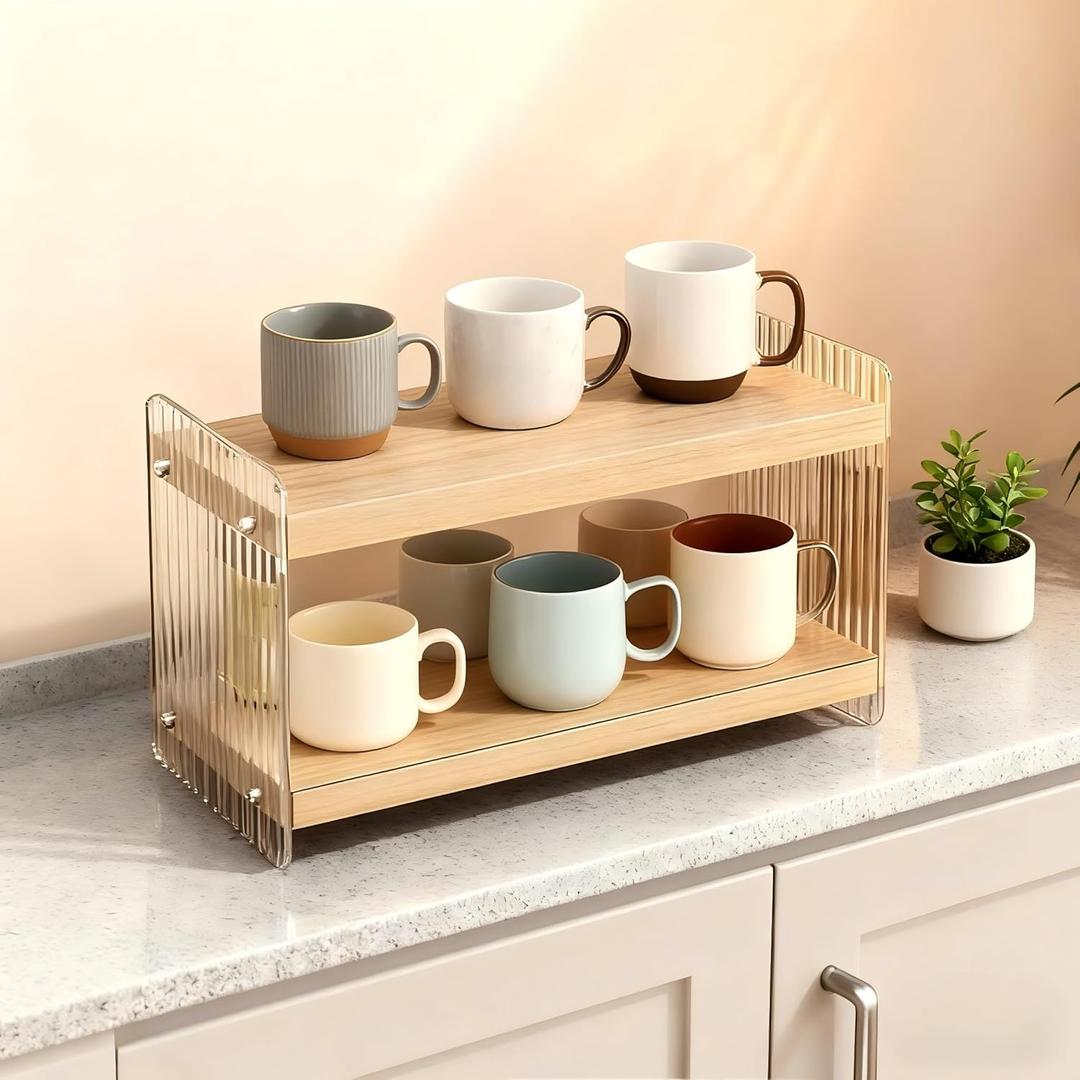 Coffee station organizer  2-Tier Organizer Rack for Cups, Spice Bottles & Coffee Sticks  Space-Saving Shelf for Kitchen, Office, Desk  Sturdy Non-Slip Design (Easy Assembly)