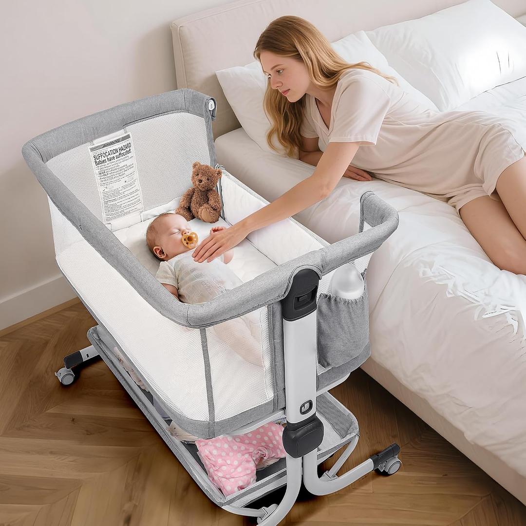 MOMFANN Baby Bassinet Bedside Sleeper, Upgraded Stability Bedside Crib with Full Mesh Sides, Soft Sheet, 6-Height Adjustment, Storage Basket, Easy Folding Portable Bassinet for Newborns, Gray