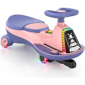 ANPABO 12V Electric Wiggle Car-2x75W Motor, 2.8-4.1 Mph, Music & Bluetooth, LED Lights, Soft Start, Flashing Wheels, Anti-Rollover, for Kids, 170 Lbs, Indoor/Outdoor (Pink)